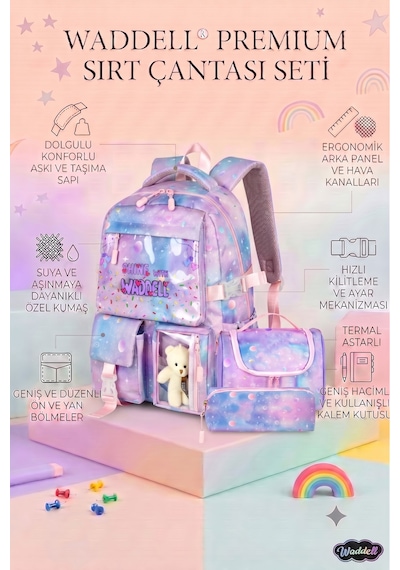 Waddell Kawaii Kore Tarzi Twil Kumas Desenli Sirt Cantasi Beslenme Cantasi Ve Kalemlikli Uclu Se L