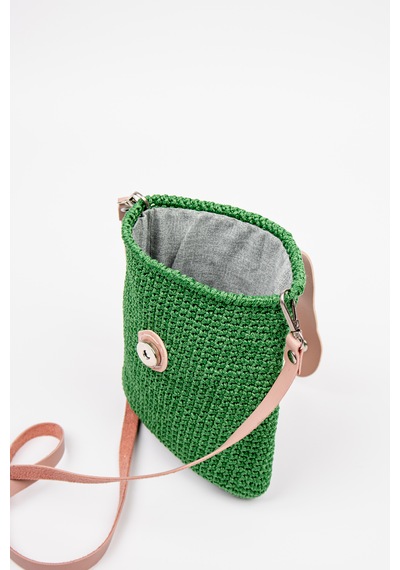 Fabric Craft Bag Çapraz Askılı Kadın Omuz Çantası Floş İplik Örgü Küçük Çanta Yeşil - Pembe