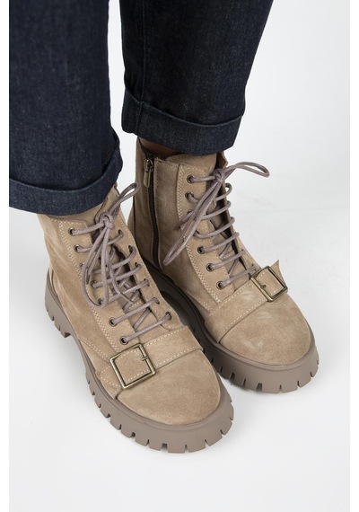Manijero Mihri Kadın Hakiki Deri Bağcıklı İçten Fermuarlı Üstten Tokalı Vizon Bot