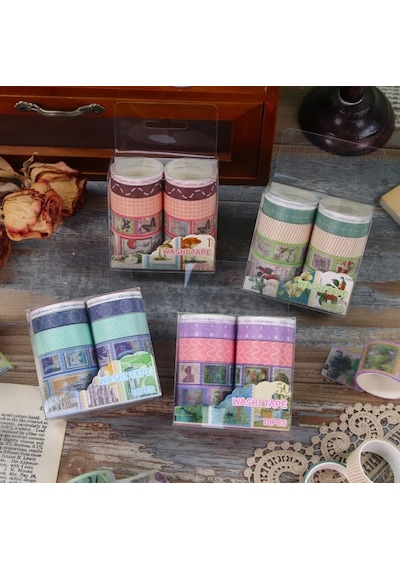 Vintage Washi Tape Bant Baskılı Yapışkanlı Maskeleme Kağıdı Desenli Bant 10'lu - Mor Pul Mektup 1