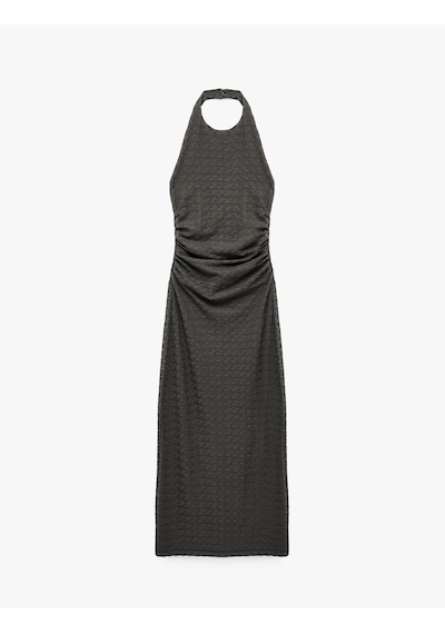 Koton Bürümcük Kumaş Dokulu Slim Fit Sırt Detaylı Halter Yaka Midi Elbise Antrasit 6sak80286ek