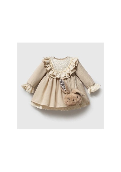 Ministok Petit Rabbit Yakası Fistolu Ve Oyuncak Aksesuarlı Kız Bebek Elbise Bej