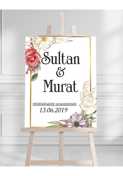 Söz Nişan Düğün İçin 50x70 Karşılama Panosu - Gül Tema Tasarımlı Beyaz
