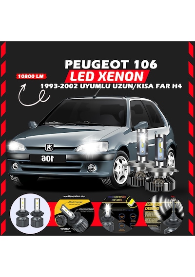 Peugeot 106 1993-2002 Uzun-kısa Far Uyumlu Şimşek Etkili Led Xenon Premium Series H4