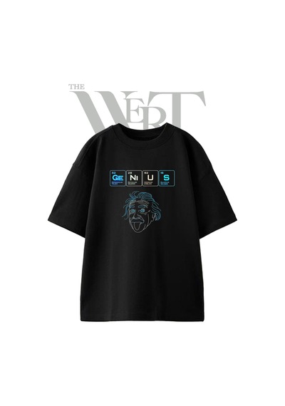 Thewert Albert Einstein Tasarım Baskılı Ünisex Siyah Oversize T-shirt