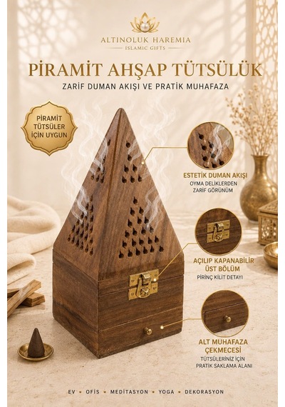 Piramit Ahşap Tütsülük Çekmeceli Dekoratif Piramit Tütsü Kabı