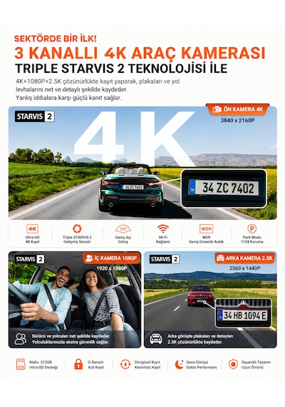 Vantrue Nexus 4 Pro S 3 Kameralı 4k Uhd Wi-fi Gps Araç Kamerası