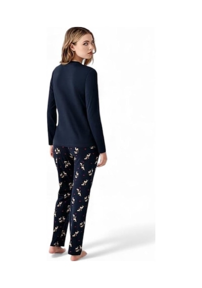 Arnetta %100 Pamuk Geyik Desen Bayan Pijama Takım Lacivert