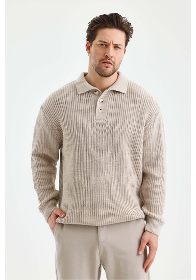 Cool Tarz Erkek Düğmeli Regular Polo Yaka Triko Kazak Taş Taş