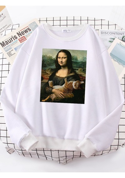 Startmore Startmoret Shirt Mona Lisa Sarılma Kedi Kawaii Kadın Hoodies Moda Rahat Hoodie Boy Gevşek Tişörtü Sıca Beyaz