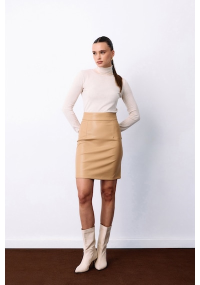 Sateen Şardonlu Deri Etek - Bej-135487 Bej