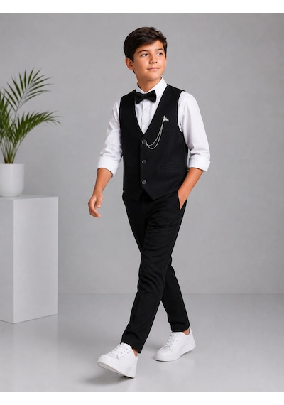 Classics Men Erkek Çocuk Smokin Takım Elbise Yelekli Papyonlu Siyah