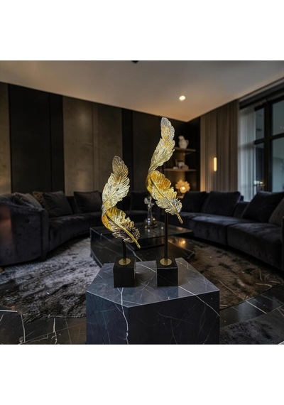 Olden Feather Metal Dekoratif Obje Modern Lüks Tüy Tasarım Masa Üstü Ev & Ofis Aksesuarı