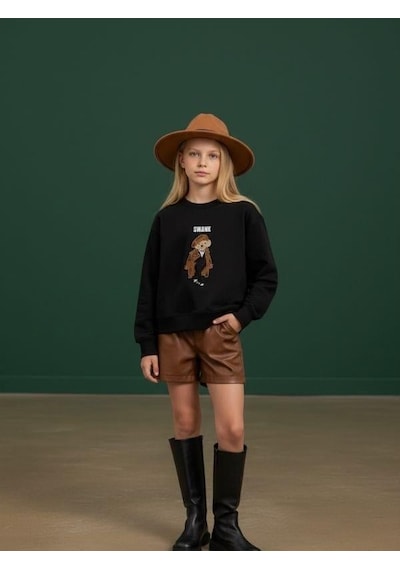 Kız Çocuk İki İplik Ayıcık Nakışlı Tasarım Sweatshirt-16467 Siyah