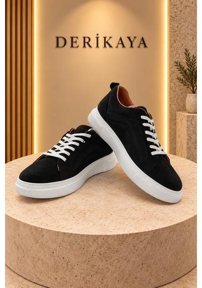 Deri Kaya Erkek Nubuk Deri Bağcıklı Günlük Sneaker Spor Ayakkabı Siyah