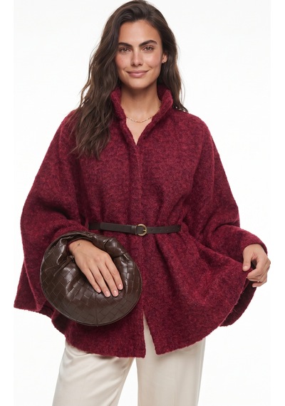 Onloox Kadın Bordo Bordo Buklet Kumaş Kemerli Araboy Kaşe Dokulu Geniş Kesim Poncho