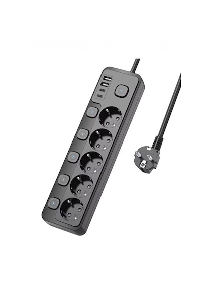 5 Li Priz + 2 Usb-a 2 Usb-c Çoklu Priz Bireysel Anahtarlı Akım Korumalı 2 Metre Kablo Hızlı Şarjlı Uzatma Kablosu 2 M