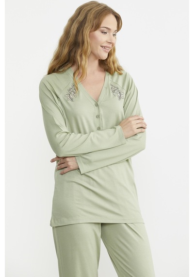 Sementa Nakış Detaylı Düğmeli Pijama Takım - Yeşil Yeşil