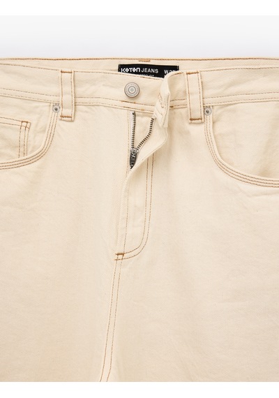 Koton Normal Bel Pamuklu Cepli Rahat Kalıp Barrel Fit Jean Pantolon Ekru 7wam40154nd