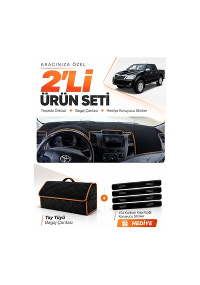 Toyota Hilux 2005-2014 Uyumlu Torpido Örtüsü + Tay Tüyü Bagaj Çantası + Sticker - Siyah Kahverengi