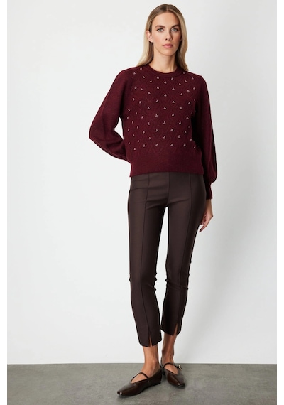 On Fashion Kadın İncili Baklava Desenli Bordo Kazak 63316 Bordo