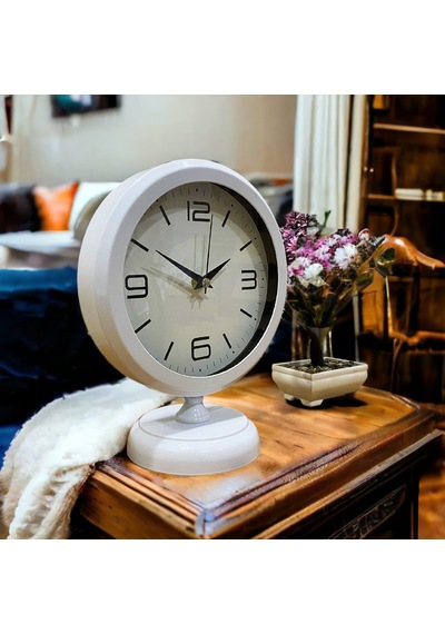Beyaz Metal Ofis Salon Otel Masa Saati 25*20 cm Y2