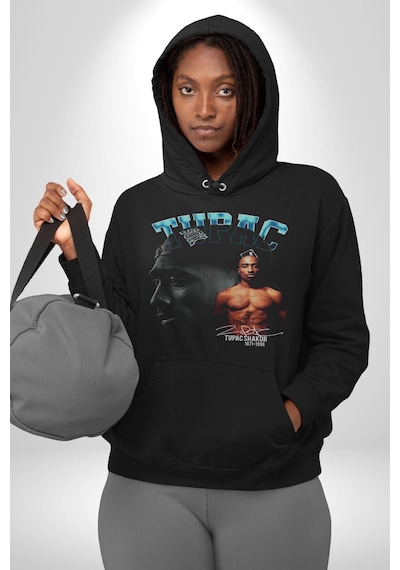 Tupac Müzik Kadın Erkek Siyah Kapüşonlu Sweatshirt Hoodie Siyah