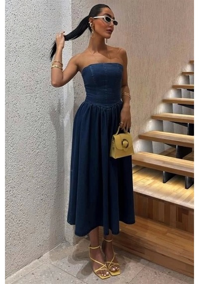Defymoda Beli Pileli Straplez Denim Elbise 2886 Denim