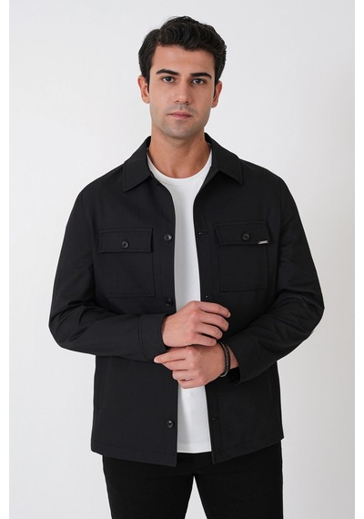 Comfort Fit Yan Cepli Esnek Pamuklu Siyah Gömlek Ceket C 731