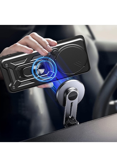 Xiaomi Redmi Note 14 Pro Plus Kılıf Magnetik Standlı Kamera Korumalı Zore Sürgülü Vega Kapak Mavi