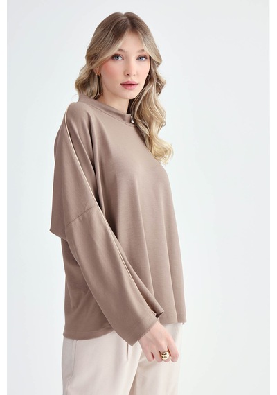 Vitrin Yuvarlak Yaka Kenarı Şeritli Oversize Bluz VİZON