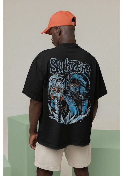 Subzero Baskılı Unisex Oversize Anime Karakter Tişört Siyah