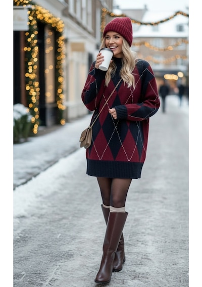 Sayzen Your Shine Kadin Baklava Argyle Desenli Kazak-elbise Sy-2517 Lacivert