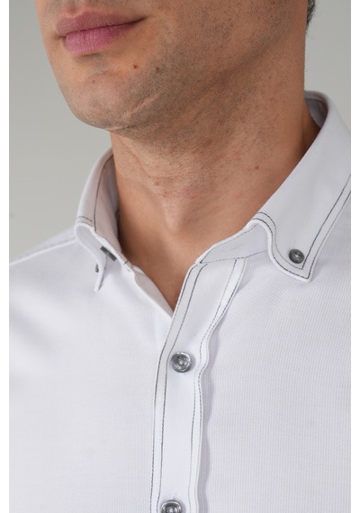Bisse Erkek Uzun Kollu Regular Fit Haki Dikişli Beyaz Gömlek Gmoks252137 D01 Beyaz