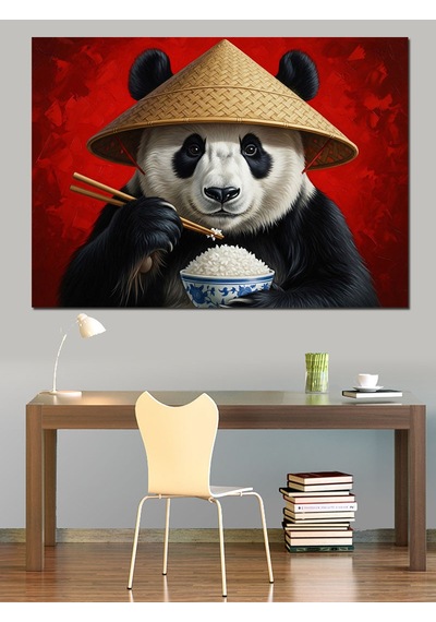 Pilav Yiyen Şapkalı Panda Portresi Dekoratif Kanvas - Mdf Ahşap Tablo