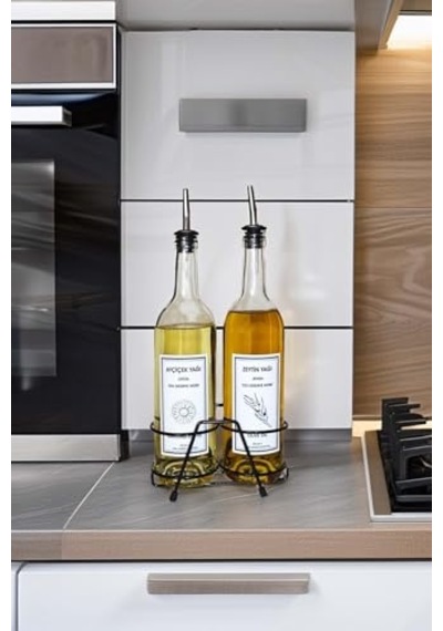 750 Ml 2'li Yağlık Seti Çelik Akıtmaz Tıpalı Standlı Şeffaf Cam Yağdanlık - Beyaz Diğer