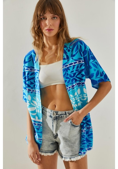 Shade Kadın Etnik Desenli Kısa Kollu Viskon Kimono 60251374 - Mavi