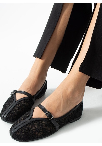 Dabab Shoes Marvena Kadın Siyah Çapraz Bantlı Dantel Detaylı Şeffaf Dokulu Babet