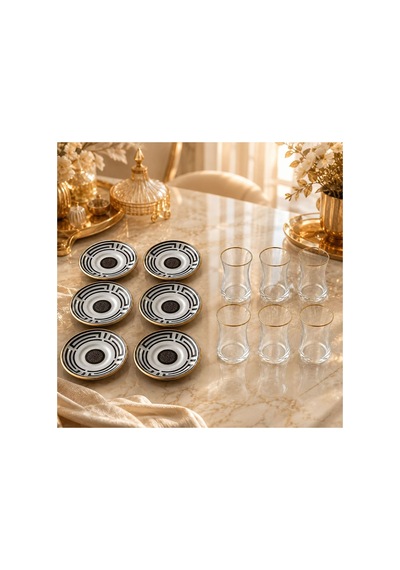 Lüks Siyah Gold Çay Bardağı Takımı 6 Kişilik 12 Parça