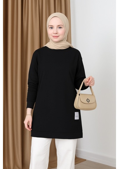 Unika Boutique Kadın Bisiklet Yaka Tesettür Yırtmaçlı Armalı Tunik Sweat Sweatshirt Siyah