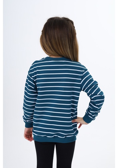 Toontoy Kız Çocuk Regular Fit Bisiklet Yaka Düşük Omuz Çizgili Sweatshirt - 2 İplik Petrol Mavi