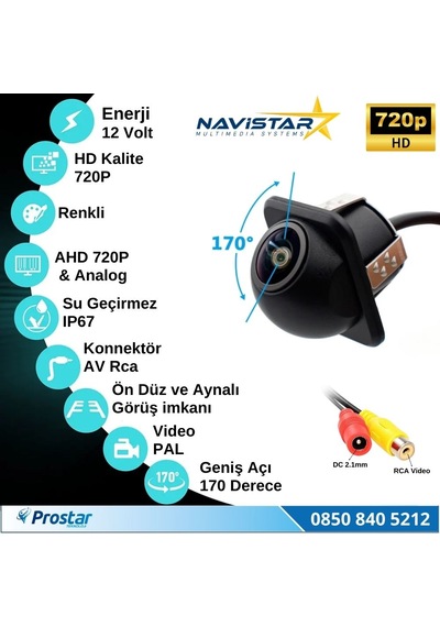 Ahd 720p Ve Analog Pal Çevrilebilir 170 Derece Balıkgözü Geniş Açılı Geri Görüş Kamerası