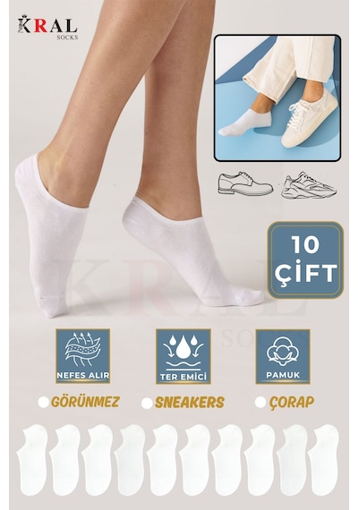 Kral Socks Kadın Pamuklu Terletmez 10'lu - 10 Çift Yazlık Görünmez Çorap Beyaz
