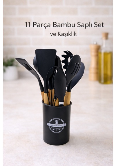 11 Parça Bambu Saplı Silikon Mutfak Seti Kaşıklıklı Isıya Dayanıklı Spatula Kepçe Çırpıcı Maşa Seti Siyah