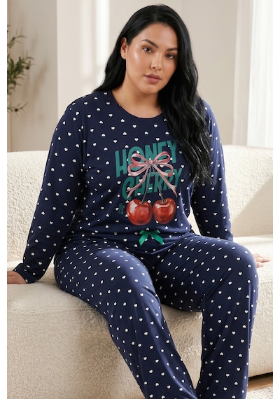 Siyah İnci Pamuklu Likralı Büyük Beden Battal Boy Örme Pijama Takım 26240875 Lacivert