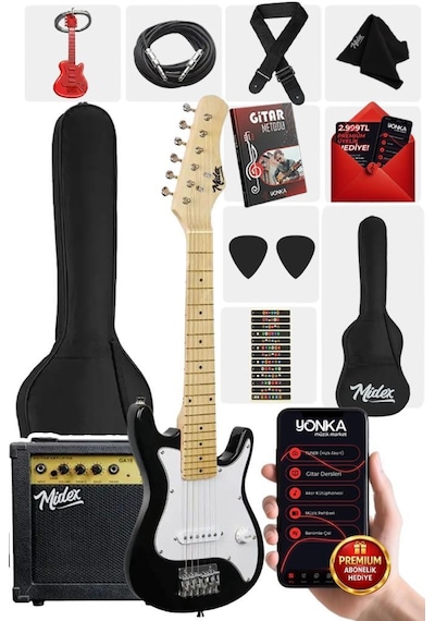 Midex Ceg-30wb 4-6 Yaş Çocuklar İçin Amfili Full 1/4 30 İnç Elektro Gitar Seti White Black