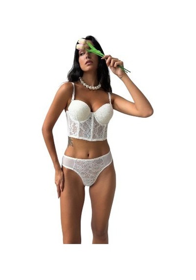 Onsekiz18shop Destekli Taşlı Tül Beyaz Parıltılı Çiçekli Beyaz Büstiyer Takım