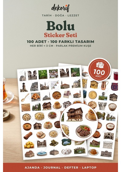 Bolu Sticker Seti 100 Adet - Göynük Evleri Yedigöller Mengen Pilavı Gerçekçi Ajanda Journal Çıkartma Çok Renkli