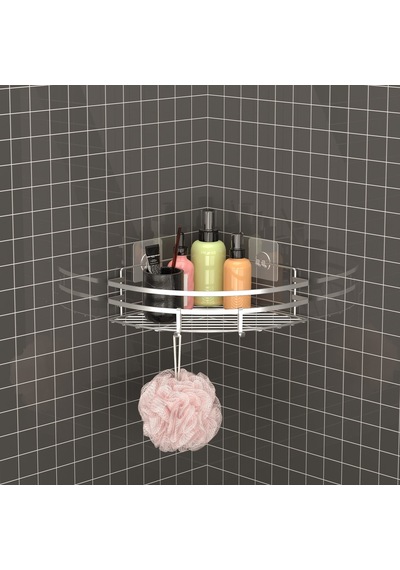 Teknotel Yapışkanlı Kancalı Banyo Köşe Rafı Silver St107H Gümüş