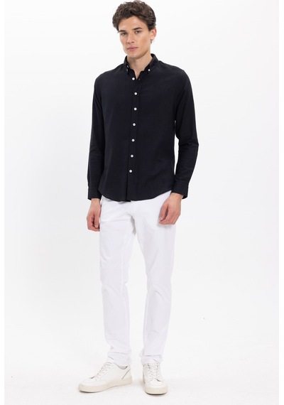 Tudors Erkek Slim Fit Dar Kesim %100 Pamuk Keten Doku Düğmeli Yaka Siyah Gömlek-26926